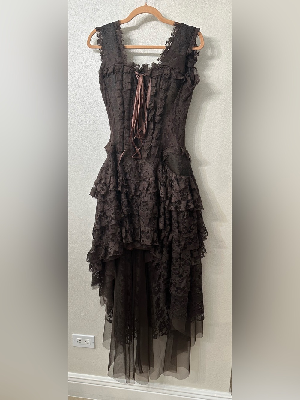 Victorian-Inspired Brown Lace High-Low Dress with Ruffle Tiers